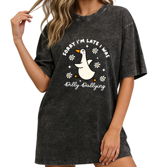 Women Sorry I'm Late Cute Duck Daisy Washed Graphic T-Shirt Comfortable Tops Round Neck Cotton T Shirt Black S-2XL Plus Size