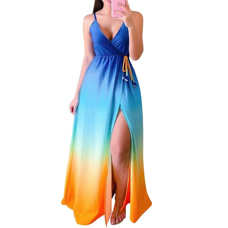 Women Spaghetti Strap Chiffon Dress Multicolor Gradient Summer Casual Sleeveless Slit Party Dress Walmart