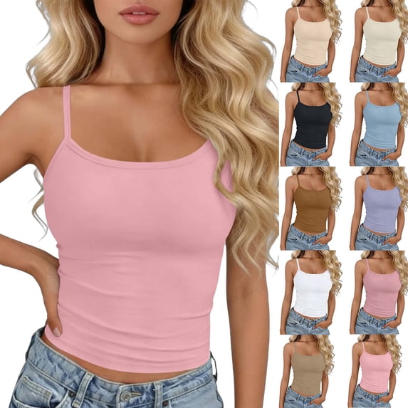 Women Spaghetti Strap Crop Tank Tops Soft Cute Summer Camisoles Basic Slim Fit Layering Cami Undershirts