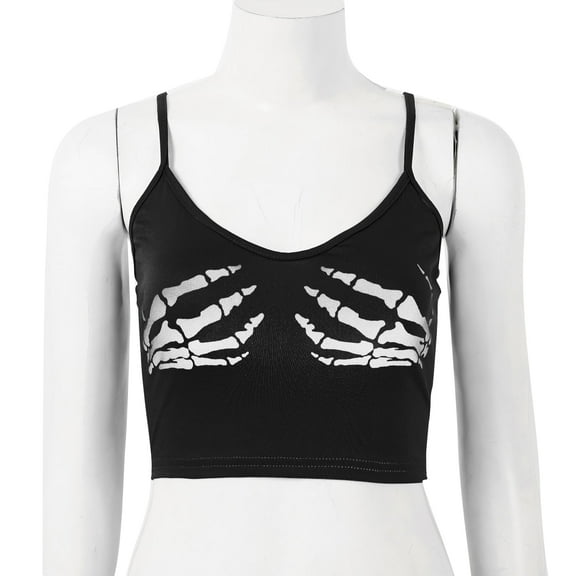 Women Spaghetti Strap Crop Top Gothic Skeleton Hand Print Sleeveless Camisole