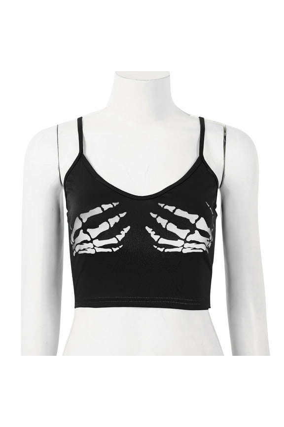 Women Spaghetti Strap Crop Top Gothic Skeleton Hand Print Sleeveless Camisole