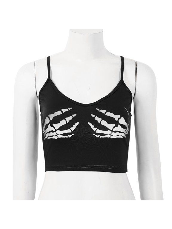 Women Spaghetti Strap Crop Top Gothic Skeleton Hand Print Sleeveless Camisole