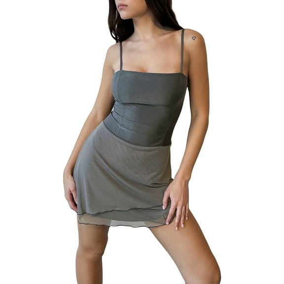 Women Spaghetti Strap Dress Back Bandage Mesh Patchwork A-Line Party Dress for Cocktail Beach Streetwear