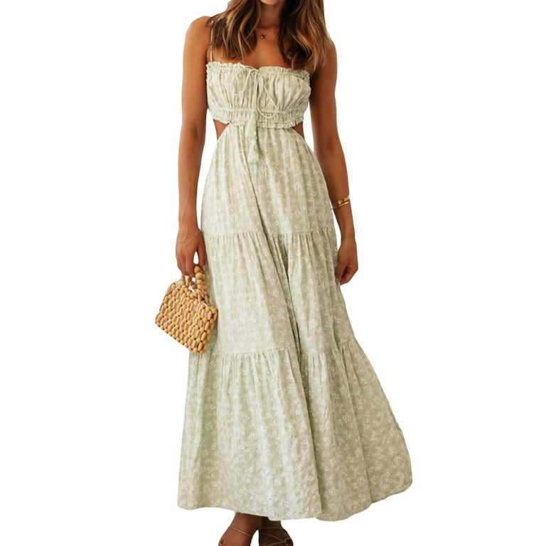 Women Spaghetti Strap Long Maxi Dress Cut Out Waist Tie Back Drawstring Pleated Beachwear Sundress