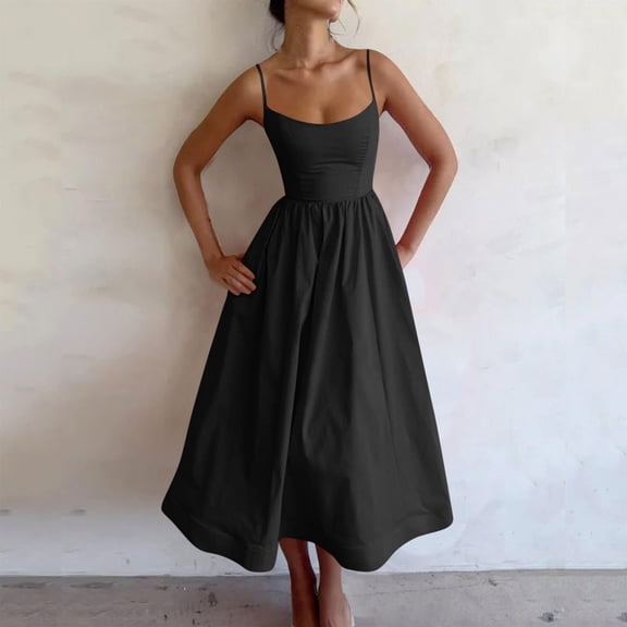 Women Spaghetti Strap Midi Dress Solid Color Flowy Casual Midi Dresses Homecoming Long Dress for Teens Black M