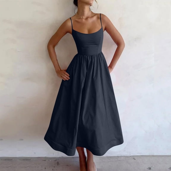 Women Spaghetti Strap Midi Dress Solid Color Flowy Casual Midi Dresses Homecoming Long Dress for Teens Dark Blue S