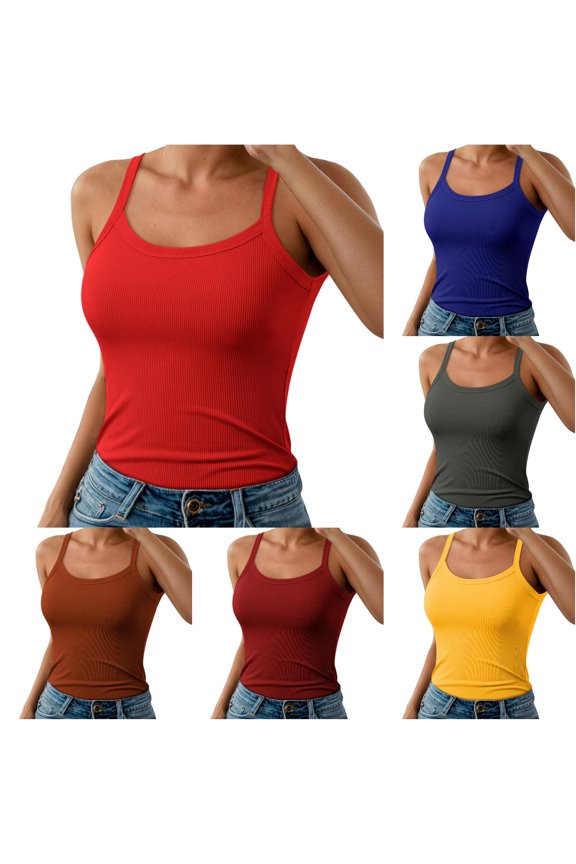 Women Spaghetti Strap Neck Ribbed Tank Tops Slim Fitted Camisole Basic Sleeveless Layering Shirts 34b Shelf Bra M