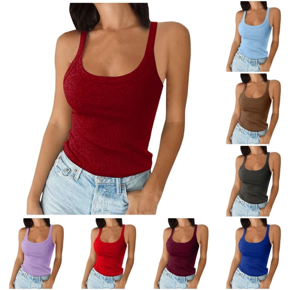 Women Spaghetti Strap Neck Ribbed Tank Tops Slim Fitted Camisole Basic Sleeveless Layering Shirts, L,