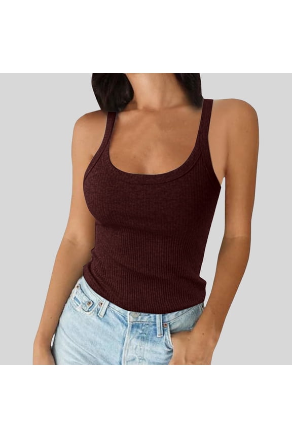 Women Spaghetti Strap Neck Ribbed Tank Tops Slim Fitted Camisole Basic Sleeveless Layering Shirts, M, Brick Red