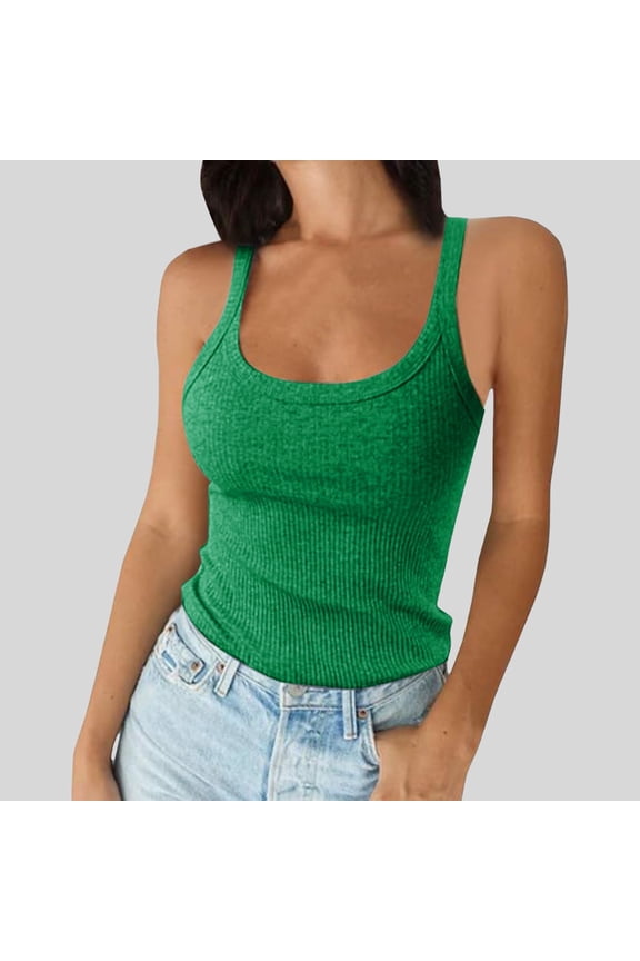Women Spaghetti Strap Neck Ribbed Tank Tops Slim Fitted Camisole Basic Sleeveless Layering Shirts, M, Green