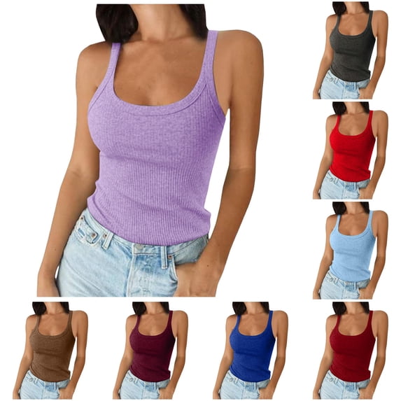 Women Spaghetti Strap Neck Ribbed Tank Tops Slim Fitted Camisole Basic Sleeveless Layering Shirts, S, Purple