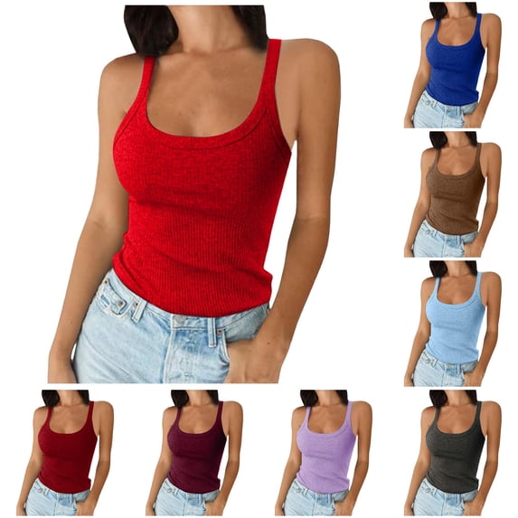 Women Spaghetti Strap Neck Ribbed Tank Tops Slim Fitted Camisole Basic Sleeveless Layering Shirts, S, Red