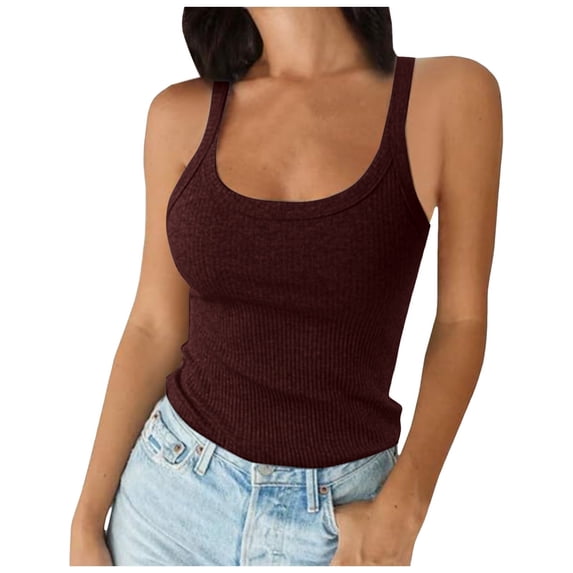 Women Spaghetti Strap Ribbed Tank Tops Scoop Neck Slim Fitted Cotton Camisole Basic Sleeveless Layering Racerback Tops Shirts