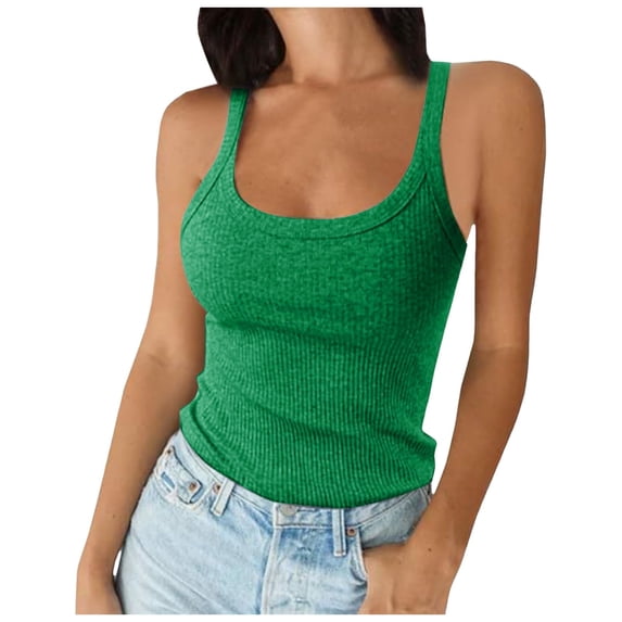 Women Spaghetti Strap Ribbed Tank Tops Scoop Neck Slim Fitted Cotton Camisole Basic Sleeveless Layering Racerback Tops Shirts