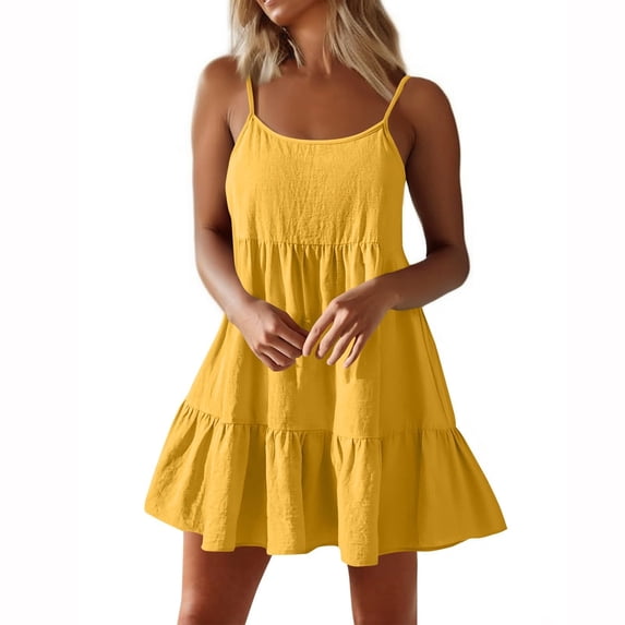Women Spaghetti Strap Ruffle Tiered Short Flowy Dress Casual Beach Vacation Sun