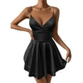 thumbnail image 1 of Women Spaghetti Strap Satin Dress Sleeveless Low Cut Backless Short Romper Dress Party Jumpsuit Mini Sundress Black XS, 1 of 9