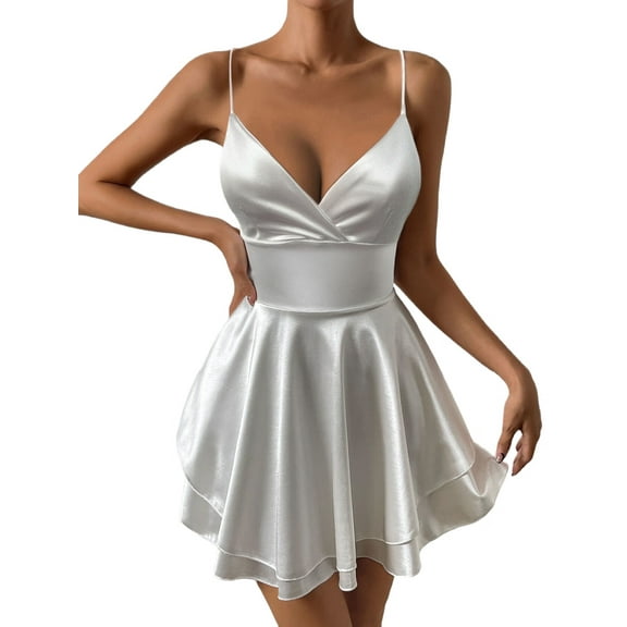 Women Spaghetti Strap Satin Dress Sleeveless Low Cut Backless Short Romper Dress Party Jumpsuit Mini Sundress White M