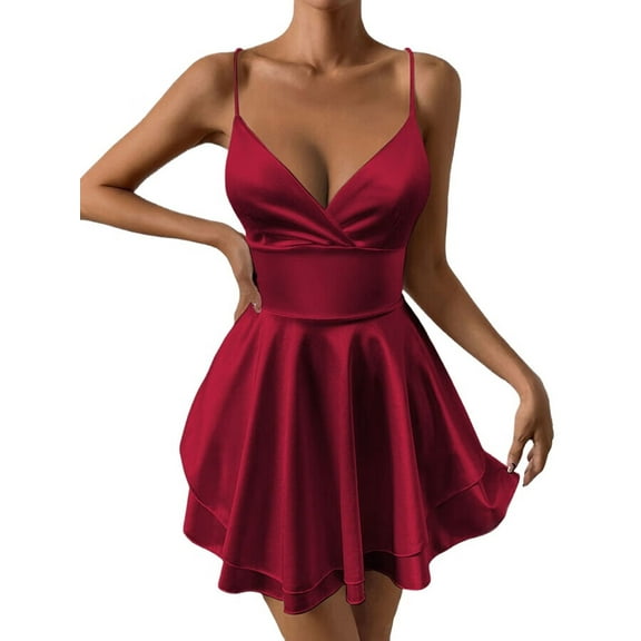 Women Spaghetti Strap Satin Dress Sleeveless Low Cut Backless Short Romper Dress Party Jumpsuit Wine Red XS