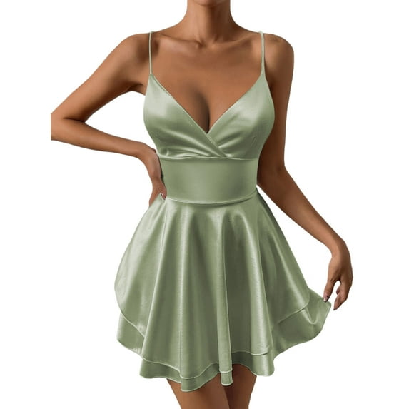 Women Spaghetti Strap Satin Dress Sleeveless Low Cut Backless Short Romper Dress Party Jumpsuit Yellow-Green XS