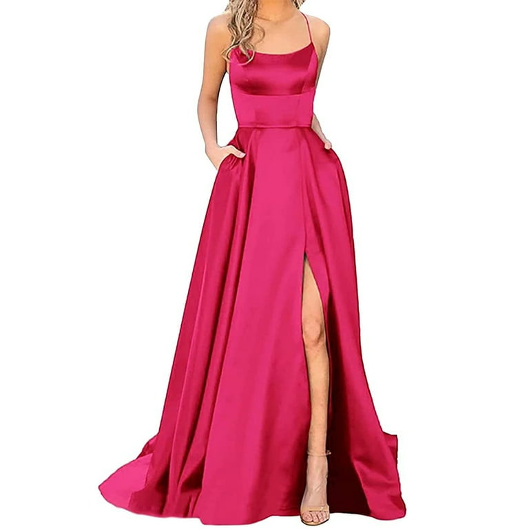 Women Satin Strap Dress Slit Dress Ball Gown Clbuwear Party Evening Dress  Sexy