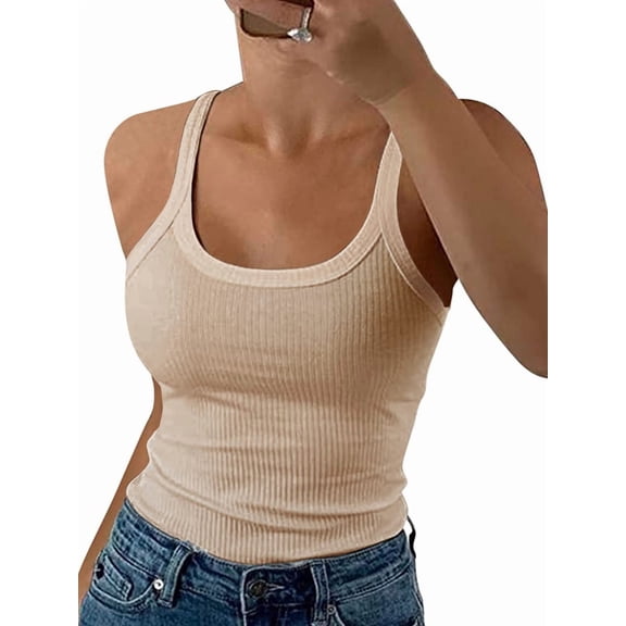 Women Spaghetti Strap Scoop Neck Ribbed Slim Fitted Cotton Camisole Sleeveless Layering Shirts Apricot L