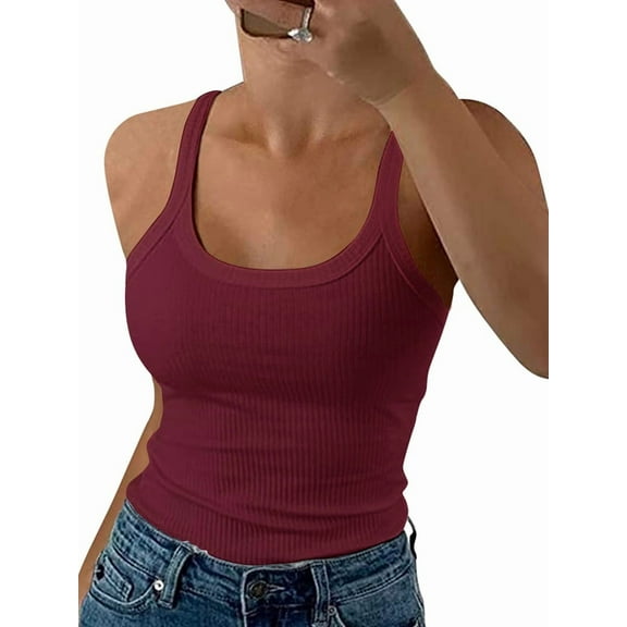 Women Spaghetti Strap Scoop Neck Ribbed Slim Fitted Cotton Camisole Sleeveless Layering Shirts Rose Red L