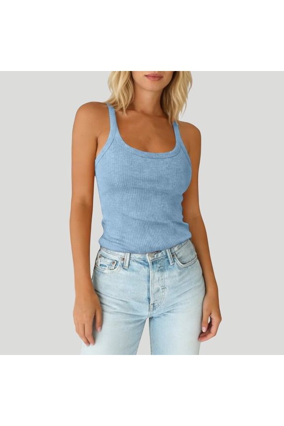 Women Spaghetti Strap Scoop Neck Ribbed Tank Tops Slim Fitted Camisole Basic Sleeveless Layering Shirts Blue L
