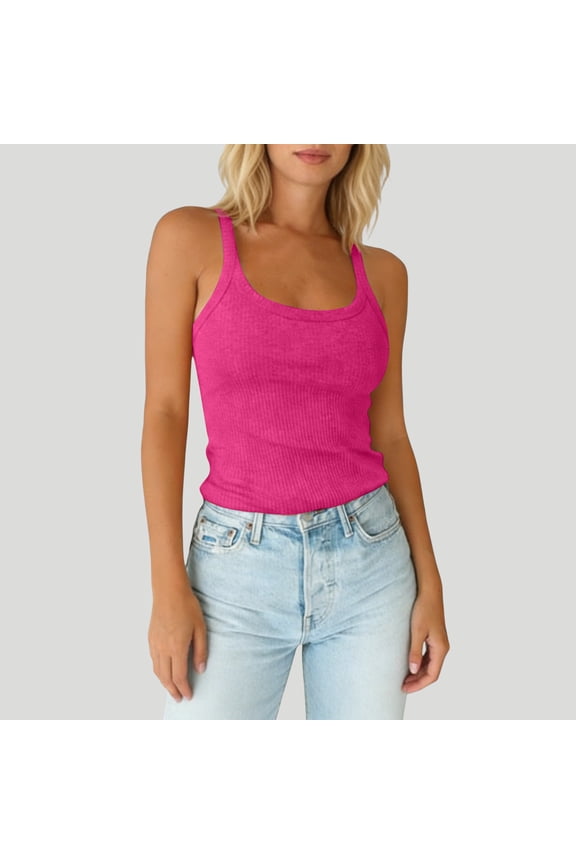 Women Spaghetti Strap Scoop Neck Ribbed Tank Tops Slim Fitted Camisole Basic Sleeveless Layering Shirts Pink L
