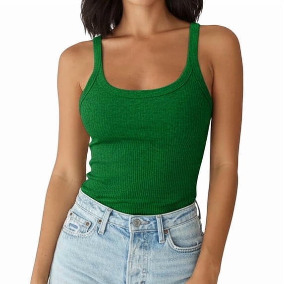 Women Spaghetti Strap Scoop Neck Ribbed Tank Tops Slim Fitted Cotton Camisole Basic Sleeveless Layering Shirts Green M