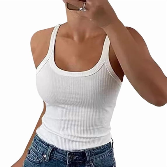 Women Spaghetti Strap Scoop Neck Ribbed Tank Tops Slim Fitted Cotton Camisole Basic Sleeveless Layering Shirts White XL