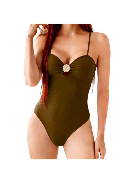 Women Spaghetti Strap Shell Embellished One Piece Swimsuit, Front Cutout Bodycon Padded Bathing Suit