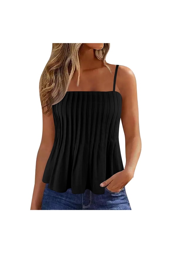 Women Spaghetti Strap Tank Top Smocked Sleeveless Cami Blouses Black,XL