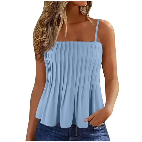 Women Spaghetti Strap Tank Top Smocked Sleeveless Cami Blouses Light Blue,M