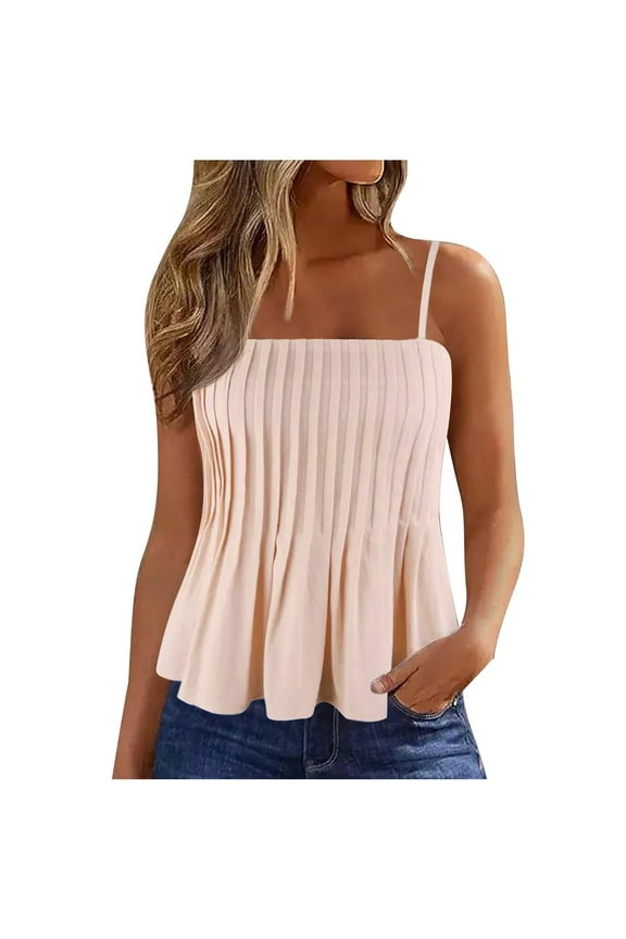 Women Spaghetti Strap Tank Top Smocked Sleeveless Cami Blouses Pink,L