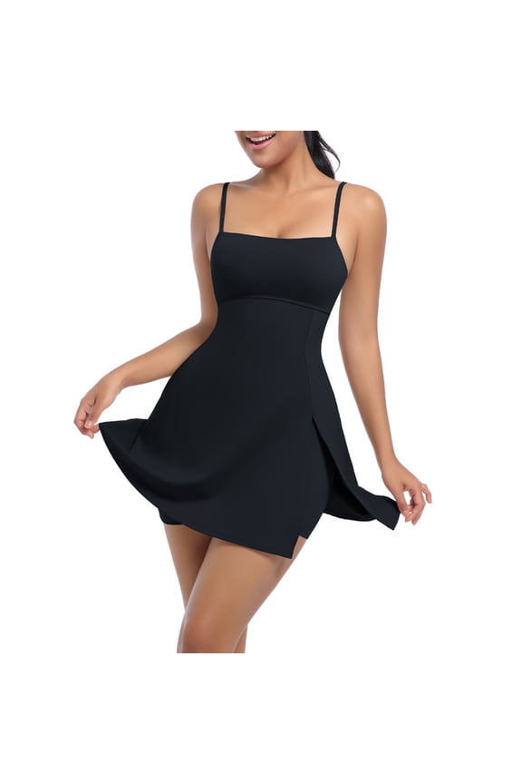 Women Spaghetti Strap Tennis Dress Stretchy High Waist A Line Workout Golf Side Split Mini Dress with Built In Short