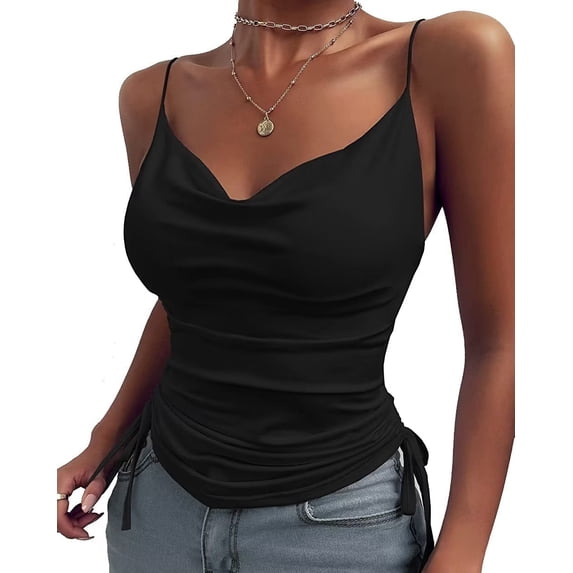 Women Spaghetti Strap V Neck Camisole Sleeveless Slim Sexy Side Corset Top Drawstring Casual Tank Tops