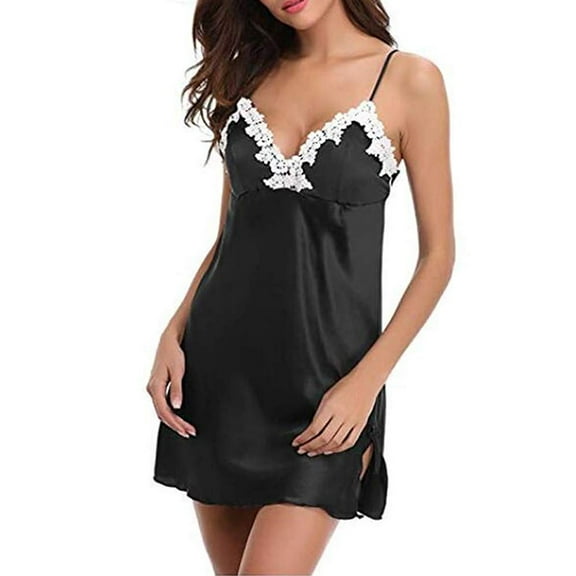 Women Spaghetti Strap V Neck Satin Chemise Nightgown Lace Lingerie Full Slip Dress