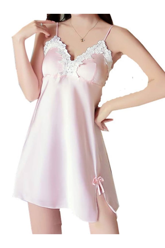 Women Spaghetti Strap V Neck Satin Chemise Nightgown Lace Lingerie Full Slip Dress
