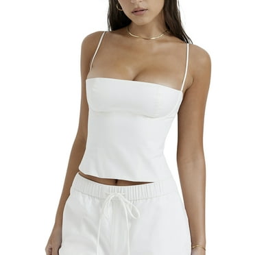 Women Spaghetti Straps Crop Top Fitted Camisole Solid Color Sleeveless Backless Going Out Tops