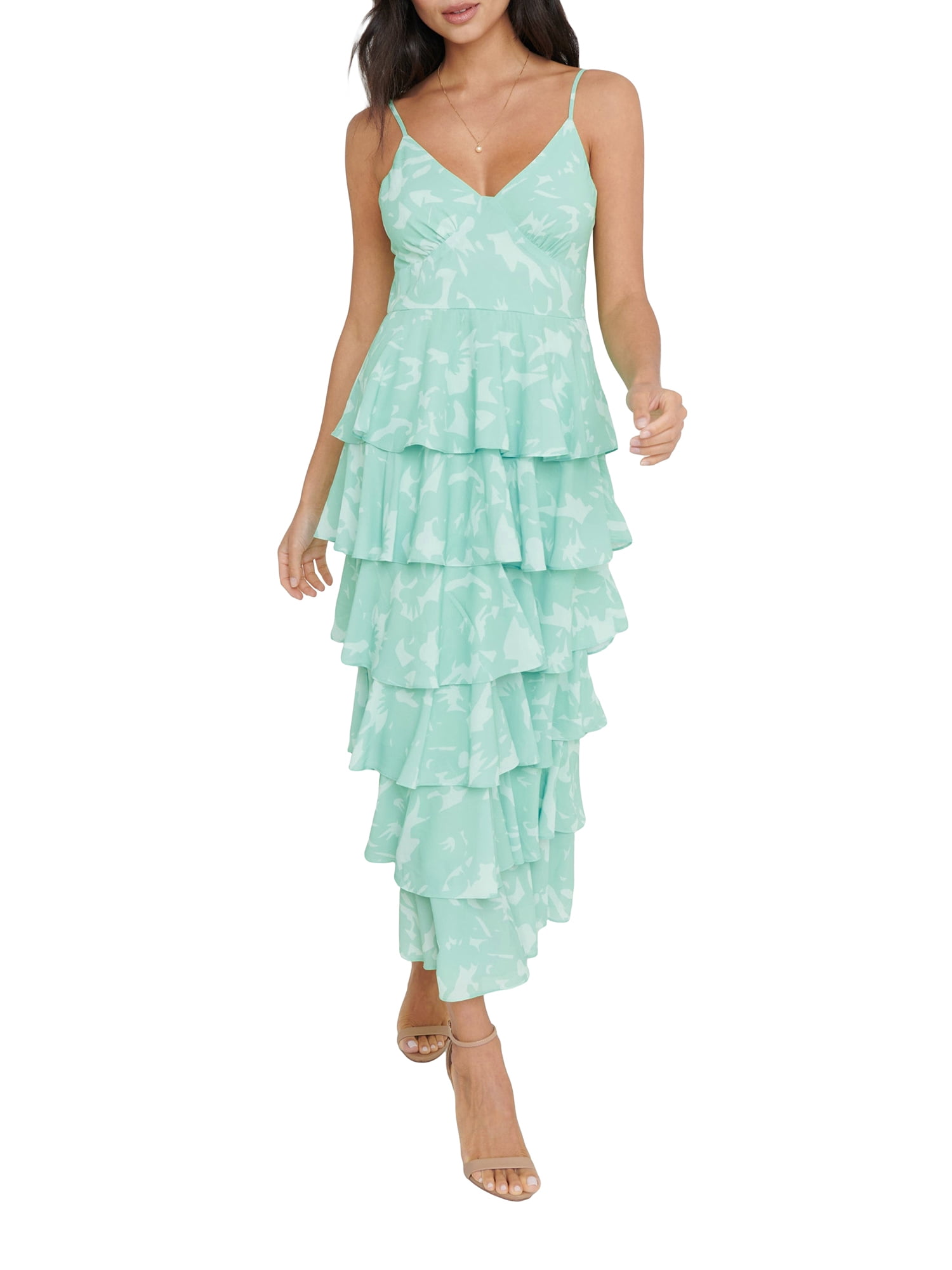 Women Spaghetti Straps Layered Ruffle Maxi Sundress Floral Sleeveless V  Neck Tiered Bodycon Long Dress Streetwear - Walmart.com