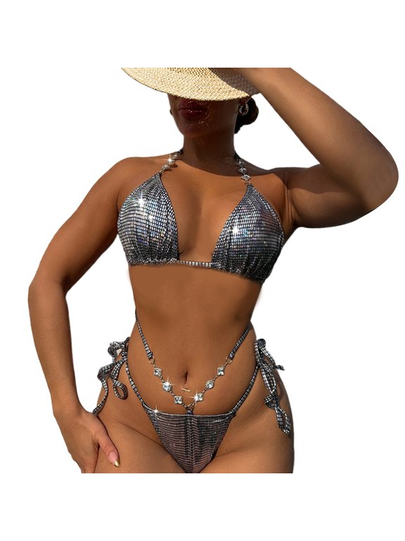 Women Spaghetti Straps Swimsuit Two Pieces Bathing Suit, Sparkling Sequins Swimwears String Swimming Costume Set