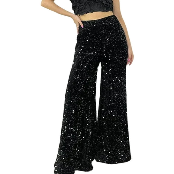Women Sparkle Sequin Bell Bottom Pants High Waist Glitter Wide Leg Flare Palazzo Lounge Elastic Pants Trousers Night Out Clubwear