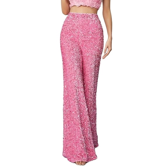 Women Sparkle Sequin Bell Bottom Pants High Waist Glitter Wide Leg Flare Palazzo Lounge Elastic Pants Trousers Night Out Clubwear