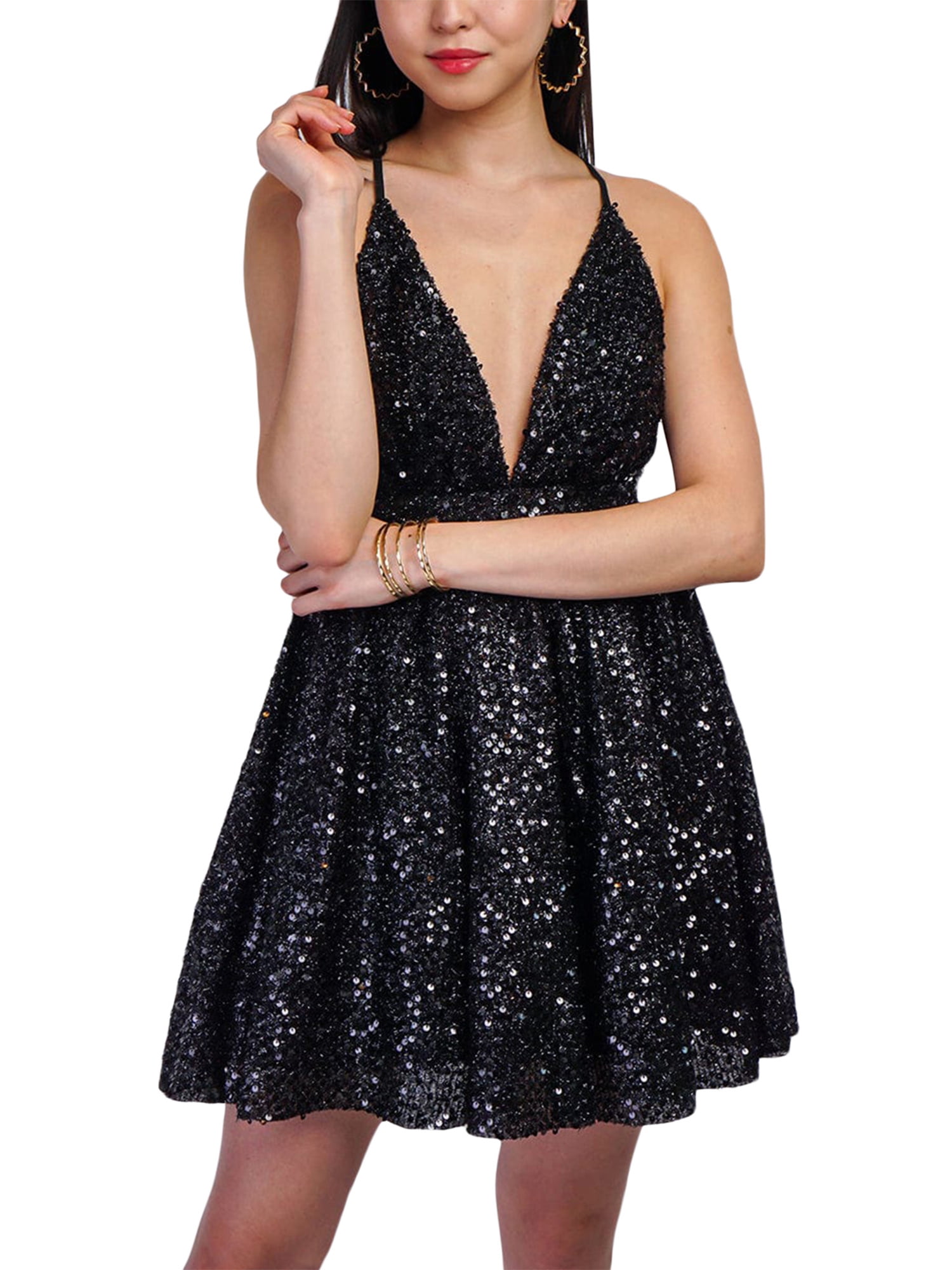 Women Sparkle Sequin Mini Dresses Sparkly V Neck Backless Halter