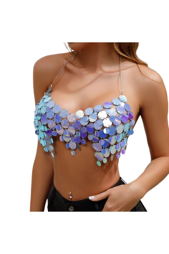 Women Sparkling Colorful Sequins Chain Halterneck Crop Top Backless Body Jewelry Camisole Festivals Party Outfit