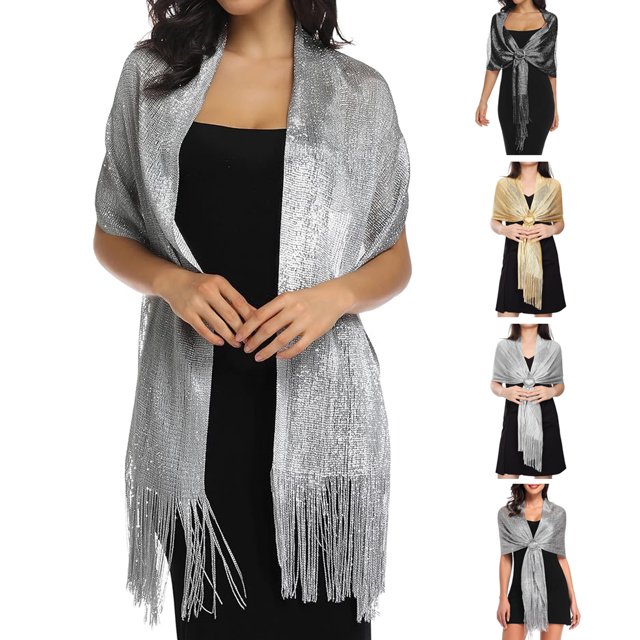 Women Sparkling Metallic Shawls and Wraps with Buckle for Evening Party