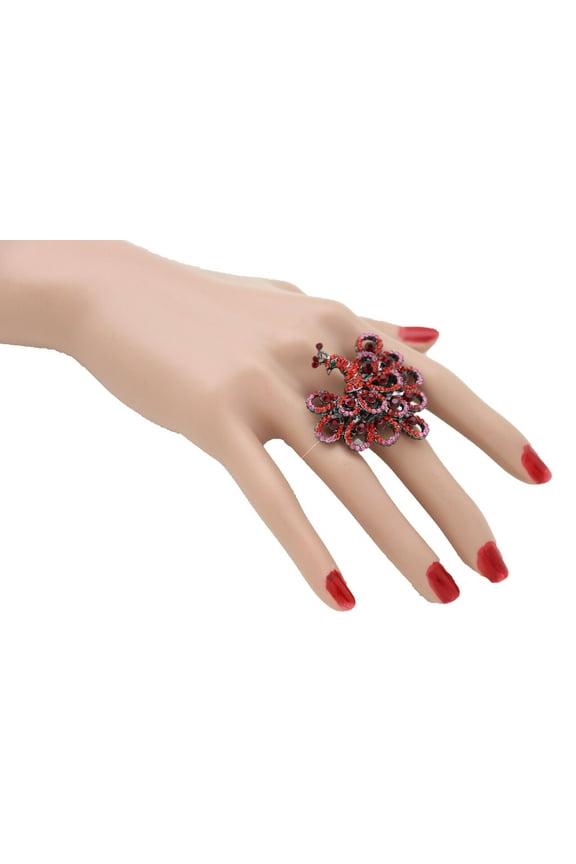 Women Sparkling Peacock Ring Red Pink Feather Metal Stretch Band Peafowl Jewelry