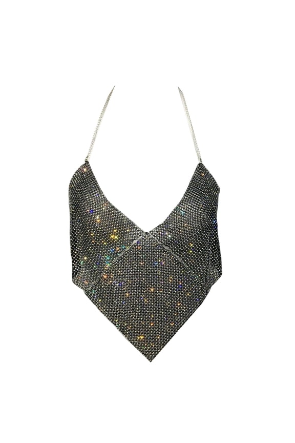 Women Sparkling Rhinestones Crop Top Halterneck V-Neck Backless Metal Chain Camisole for Nightclub Party Raves Outfit
