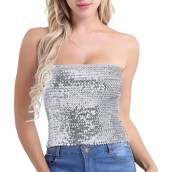 Women Sparkling Sequins Sleeveless Tube Top Stretch Bandeau Strapless Metallic Crop Top Camisole Party Clubwear