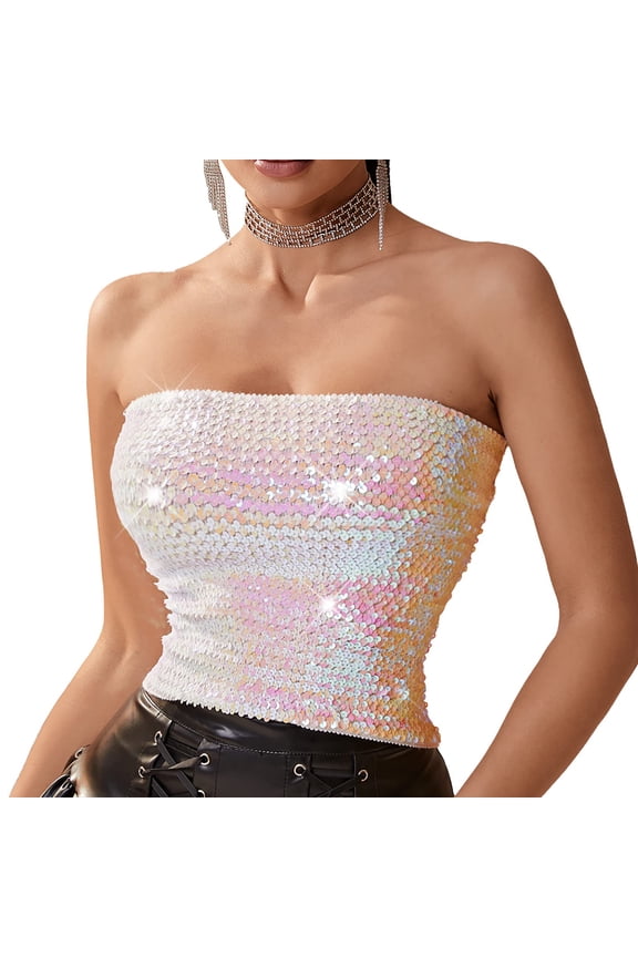 Women Sparkling Sequins Sleeveless Tube Top Stretch Bandeau Strapless Metallic Crop Top Camisole Party Clubwear